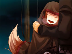 Rule 34 | 1boy, 1girl, absurdres, ayakura juu, brown hair, closed eyes, fang, hand on another&#039;s shoulder, highres, holo, hood, official art, open mouth, spice and wolf, tail, wolf tail