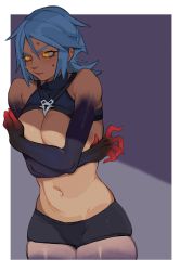 Rule 34 | 1girl, anti-aqua, aqua (kingdom hearts), bare arms, black shorts, blue hair, blush, border, breasts, cleavage, colored skin, corruption, covering privates, covering breasts, cowboy shot, crossed arms, dark background, dark persona, embarrassed, fingernails, grey background, halterneck, highres, kingdom hearts, kingdom hearts iii, large breasts, long fingernails, looking to the side, medium hair, midriff, multicolored skin, navel, porqueloin, pout, shaded face, shorts, solo, sweat, yellow eyes
