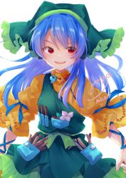 Rule 34 | 1girl, :d, apron, bad id, bad twitter id, blue hair, blush, commentary request, dated, flower, green apron, haniyasushin keiki, head scarf, highres, jewelry, long hair, looking at viewer, magatama, magatama necklace, necklace, open mouth, pocket, puffy short sleeves, puffy sleeves, red eyes, shirt, short sleeves, signature, simple background, smile, solanikieru, solo, touhou, upper body, white background, white flower, yellow shirt