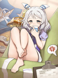 Rule 34 | 1girl, absurdres, amite-faust, anger vein, animal ears, bag, bare legs, barefoot, blurry, blurry background, blush, brown eyes, chips (food), commentary request, couch, dorsiflexion, feet, food, grey hair, hair between eyes, hair ornament, highres, hishi miracle (umamusume), holding, holding phone, horse ears, horse girl, horse tail, lazy, legs, looking at viewer, medium hair, phone, pov, shoes, solo focus, swimsuit, tail, thighs, toenails, toes, umamusume, unworn shoes