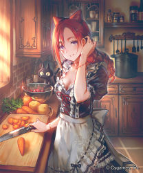 Rule 34 | 1girl, apron, black cat, black dress, bottle, bowl, breasts, brick wall, brown hair, cabinet, carrot, cat, ceres (shingeki no bahamut), colored sclera, company name, cutting board, dress, food, from side, hair between eyes, head tilt, highres, indoors, jar, kitchen, knife, long hair, looking at viewer, medium breasts, official art, okada manabi, onion, parted lips, pot, potato, puffy short sleeves, puffy sleeves, purple eyes, ribbon-trimmed clothes, ribbon trim, scar, scar on face, shingeki no bahamut, short sleeves, smile, spatula, standing, sunlight, tile floor, tiles, waist apron, watermark, white apron, yellow sclera