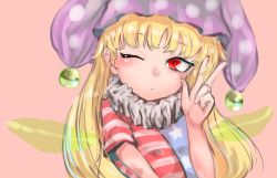 Rule 34 | 1girl, ;/, american flag dress, clownpiece, fairy wings, flat chest, hat, highres, jester cap, looking at viewer, neck ruff, pink background, polka dot, q.a. kinshachi, red eyes, simple background, solo, star (symbol), star print, touhou, upper body, v, wings