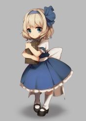 Rule 34 | 1girl, aged down, alice margatroid, alice margatroid (pc-98), bad id, bad twitter id, blonde hair, blue dress, blue eyes, blue hairband, book, child, dress, full body, grey background, hairband, highres, kneehighs, looking at viewer, mary janes, no-kan, puffy sleeves, ribbon, sash, shoes, short hair, short sleeves, simple background, socks, solo, touhou, touhou (pc-98), white socks