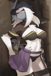 Rule 34 | 1girl, :&lt;, absol, absurdres, against wall, alley, animal nose, arm at side, artist name, bandaid, baseball cap, black bra, black hat, black thighhighs, black vest, blurry, blurry background, body fur, body writing, bra, breasts, bright pupils, closed mouth, colored skin, cowboy shot, crack, cracked wall, creatures (company), dated, earrings, female focus, fishnet thighhighs, fishnets, furry, furry female, game freak, garter straps, gen 3 pokemon, grey horns, grey skin, hat, highres, horns, jewelry, large breasts, leg tattoo, long hair, looking up, miniskirt, navel, nintendo, off shoulder, open clothes, open vest, outdoors, personification, pleated skirt, pokemon, pokemon (creature), purple skirt, red eyes, short sleeves, showgirl skirt, shrug (clothing), sidelocks, signature, single horn, skirt, solo, standing, stomach, tail, tattoo, thighhighs, thighs, turtleneck, underwear, vest, white fur, white hair, white pupils, wide hips, wrist wrap, zinfyu