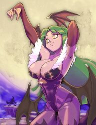 1girl absurdres arm_behind_head armpits artist_name breasts capcom covered_navel darkstalkers demon_girl fingerless_gloves gloves green_hair highres large_breasts legs leotard long_hair moon morrigan_aensland night pantyhose smile solo thighs toned yellow_eyes