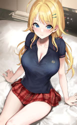 Rule 34 | 1girl, ahoge, black shirt, blonde hair, blue eyes, blue shirt, blush, breasts, cleavage, closed mouth, collarbone, collared shirt, commentary, commentary request, hachimiya meguru, hair ornament, hairclip, highres, idolmaster, idolmaster cinderella girls, indoors, large breasts, long hair, looking at viewer, low twintails, miniskirt, mirei, on bed, phone, plaid, plaid skirt, red skirt, school uniform, shirt, short sleeves, sitting, skirt, smile, solo, thighs, twintails
