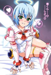 1girl :d absurdres ascot assertive_female asu_(hengaya) bed blue_hair blush boots breasts brooch collarbone djibril_(makai_tenshi_djibril) elbow_gloves fingerless_gloves gloves green_eyes halo heart highres jewelry leotard looking_at_viewer magical_girl makai_tenshi_djibril manabe_rika medium_breasts open_mouth pink_gloves pink_shrug pink_thighhighs purple_background red_ascot shiny_skin short_hair shrug_(clothing) simple_background sitting smile solo spoken_heart thigh_boots thighhighs thighlet white_leotard white_wings wings