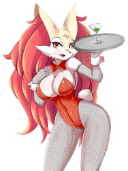 Rule 34 | 1girl, alcohol, bow, bowtie, braixen, braxy (lucyfer), breasts, cleavage, creatures (company), cup, drinking glass, elbow gloves, female focus, fishnet gloves, fishnet pantyhose, fishnets, furry, game freak, gen 6 pokemon, gloves, gluteal fold, highleg, highleg leotard, highres, holding, holding tray, large breasts, leotard, long hair, lucyfer, martini, matching hair/eyes, nintendo, open mouth, pantyhose, playboy bunny, pokemon, rabbit tail, red bow, red bowtie, red eyes, red hair, red leotard, ribbon, solo, standing, strapless, strapless leotard, tail, transparent background, tray, waitress, wide hips, wrist cuffs