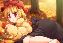 Rule 34 | 1girl, aki minoriko, ass, autumn leaves, barefoot, blonde hair, blush, female focus, food, fruit, grapes, hat, highres, long sleeves, looking at viewer, lzh, persimmon, red eyes, shirt, short hair, skirt, solo, touhou, tree, wavy mouth, wide sleeves