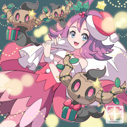 Rule 34 | 1girl, :d, acerola (pokemon), alternate costume, blue eyes, box, christmas, christmas lights, commentary request, creatures (company), dress, eyelashes, game freak, gen 6 pokemon, gen 7 pokemon, gift, gift box, green background, hands up, happy, hat, highres, holding, holding sack, holly, minior, nintendo, off-shoulder dress, off shoulder, open mouth, outline, phantump, pokemon, pokemon (creature), pokemon sm, purple hair, sack, santa hat, smile, sutokame, tongue, watermark, wrist cuffs