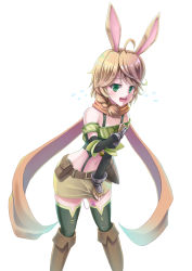 Rule 34 | 1girl, ahoge, animal ears, bare shoulders, belt, blush, boots, braid, brown footwear, brown hair, clenched hand, controller, dagger, elbow gloves, embarrassed, female focus, fingerless gloves, flying sweatdrops, gloves, green eyes, green shirt, green thighhighs, hand on own chest, hand up, highres, horn (isekai maou), isekai maou to shoukan shoujo no dorei majutsu, knee boots, knife, leaning forward, leshade entis, looking at viewer, medium hair, midriff, miniskirt, navel, nervous, off-shoulder shirt, off shoulder, orange scarf, pencil skirt, pouch, rabbit ears, rabbit girl, remote control, remote control vibrator, scarf, sex toy, sheath, sheathed, shirt, sidelocks, simple background, single braid, skindentation, skirt, skirt tug, solo, standing, stomach, striped clothes, striped shirt, tears, thighhighs, vibrator, vibrator cord, vibrator in thighhighs, vibrator under clothes, weapon, white background, yellow skirt, zettai ryouiki