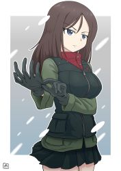 Rule 34 | 1girl, absurdres, artist logo, black hair, black vest, blue eyes, closed mouth, commentary, cowboy shot, frown, girls und panzer, glove pull, green jacket, grey background, highres, insignia, jacket, long hair, long sleeves, looking to the side, military, military uniform, miniskirt, nonna (girls und panzer), outline, outside border, pleated skirt, pravda military uniform, red shirt, shirt, skirt, snowing, solo, standing, swept bangs, turtleneck, uniform, vest, white outline, yb norio, zipper