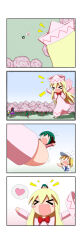 Rule 34 | &gt; &lt;, 4girls, 4koma, absurdres, animal ears, ascot, barefoot, blank eyes, blonde hair, blue ascot, blue capelet, blue hair, blush stickers, bow, bowtie, capelet, cherry blossoms, comic, commentary request, doremy sweet, dream soul, flying sweatdrops, fourth wall, giant, giantess, gradient background, green hair, happy, hat, unworn headwear, heart, highres, kasodani kyouko, kitashirakawa chiyuri, lily white, long hair, medium hair, multiple girls, nightcap, on head, open mouth, person on head, pink headwear, pink shirt, pink wings, pom pom (clothes), rakugaki-biyori, red bow, red bowtie, running, scared, shirt, skirt, smile, spoken character, spoken heart, sweatdrop, tail, touhou, touhou (pc-98), very long hair, white headwear, white skirt, wings