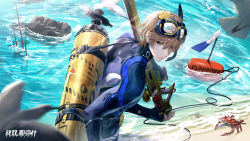 Rule 34 | artist request, beach, bird, blonde hair, blue eyes, crab, flag, goggles, goggles on head, highres, lee (punishing: gray raven), looking at viewer, looking back, male swimwear, ocean, official art, punishing: gray raven, rubber duck, sand, scuba, seagull, starfish, tide, water gun