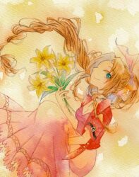 Rule 34 | 1girl, aerith gainsborough, bouquet, braid, braided ponytail, breasts, brown hair, choker, cleavage, cropped jacket, dress, final fantasy, final fantasy vii, final fantasy vii remake, flower, green eyes, hair ribbon, highres, holding, holding bouquet, hugging own legs, jacket, lamb088, lily (flower), long dress, long hair, looking at viewer, medium breasts, painting (medium), parted bangs, pink dress, pink ribbon, red jacket, ribbon, short sleeves, sidelocks, smile, solo, traditional media, watercolor (medium), yellow flower