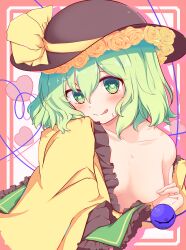 Rule 34 | 1girl, :q, absurdres, black hat, blouse, blush, border, bow, breasts, bright pupils, covering nipples, covering privates, eyeball, flower, frilled shirt collar, frilled sleeves, frills, green eyes, green hair, hat, hat bow, heart, heart-shaped pupils, heart of string, highres, komeiji koishi, licking lips, long sleeves, looking at viewer, off shoulder, ohako miyu, open clothes, open shirt, pink border, rose, rounded corners, shirt, short hair, small breasts, solo, string, sweat, sweatdrop, symbol-shaped pupils, third eye, tongue, tongue out, touhou, upper body, white background, wide sleeves, yellow bow, yellow flower, yellow rose, yellow shirt