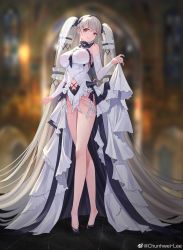 Rule 34 | 1girl, absurdly long hair, absurdres, azur lane, bare legs, bare shoulders, black footwear, blurry, blurry background, blush, breasts, chunhwei lee, closed mouth, clothing cutout, depth of field, detached sleeves, dress, formidable (azur lane), formidable (timeless classics) (azur lane), full body, hair ornament, high heels, highres, impossible clothes, impossible dress, large breasts, long hair, long sleeves, looking at viewer, navel cutout, official alternate costume, red eyes, silver hair, skirt hold, smile, solo, standing, stuffed toy, twitter username, veil, very long hair, weibo watermark, white dress