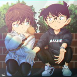 Rule 34 | 1boy, 1girl, animal, black-framed eyewear, black hoodie, black pants, black pantyhose, blue eyes, blurry, blurry background, brown hair, casual, cat, child, closed mouth, commentary request, depth of field, drawstring, edogawa conan, eye contact, frown, green eyes, haibara ai, hair between eyes, highres, holding, holding animal, holding cat, hood, hood down, hooded jacket, hoodie, jacket, long sleeves, looking at another, meitantei conan, outstretched hand, pants, pantyhose, plant, shoes, short hair, short sleeves, signature, smirk, smug, sneakers, sooma4869, squatting, sweatdrop, watch, white jacket, wristwatch