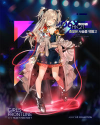 Rule 34 | 1girl, badge, baggy clothes, belt, black bow, black footwear, black nails, blonde hair, boots, bow, breasts, buckle, cable, character name, choker, cleavage, coat, cropped shirt, cross, denim, denim shirt, denim skirt, fingerless gloves, full body, general-purpose machine gun, girls&#039; frontline, glint, gloves, gun, hair bow, hair ornament, hair over one eye, headset, hk21, hk21 (chain breaker) (girls&#039; frontline), hk21 (girls&#039; frontline), holding, holding microphone, idol, jewelry, kneehighs, long coat, long hair, long sleeves, looking at viewer, machine gun, medium breasts, microphone, nail polish, necklace, official alternate costume, official art, open clothes, open coat, open mouth, oversized clothes, purple eyes, red socks, sidelocks, single kneehigh, single sock, skirt, smile, socks, solo, striped clothes, striped socks, twintails, vertical-striped clothes, vertical-striped socks, weapon, xiao chichi