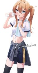 Rule 34 | 1girl, black shorts, black thighhighs, blouse, blue eyes, bottle, breasts, brown hair, clothes around waist, commission, front-tie top, hair ornament, hand up, highres, holding, jacket, jacket around waist, long hair, looking at viewer, midriff, minn (kangjm1107), navel, original, parted lips, ponytail, shirt, short shorts, short sleeves, shorts, sidelocks, small breasts, solo, standing, stomach, thighhighs, water bottle, white shirt