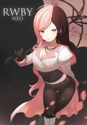 Rule 34 | 1girl, belt, black gloves, boots, breasts, brown eyes, brown hair, character name, cherry blossoms, cleavage, copyright name, cropped jacket, curvy, gloves, grey background, heterochromia, highres, hip focus, jewelry, k jin, large breasts, long hair, looking at viewer, multicolored hair, necklace, neo politan, pants, parasol, petals, pink eyes, pink hair, rwby, smile, solo, split-color hair, thigh gap, tight clothes, tight pants, two-tone hair, umbrella, waist cape, wide hips