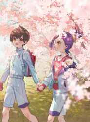 Rule 34 | 2boys, backpack, bag, black hair, blush, brown hair, cherry blossoms, closed mouth, creatures (company), day, florian (pokemon), game freak, gloves, highres, holding hands, jacket, kieran (pokemon), long sleeves, male focus, meno oku, multicolored hair, multiple boys, nintendo, open clothes, open jacket, open mouth, orange eyes, outdoors, pokemon, pokemon sv, purple hair, red gloves, red tank top, shorts, single glove, tank top, tree, white jacket, yaoi