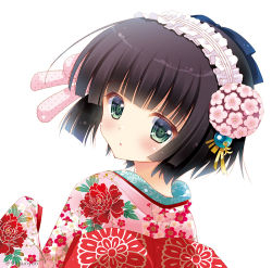 Rule 34 | 1girl, black hair, blush, bob cut, bow, commentary request, floral print, flower, from behind, green eyes, hair bow, hand up, ikoku meiro no croisee, japanese clothes, kimono, long sleeves, looking at viewer, looking back, parted lips, pink bow, pink flower, pink kimono, print kimono, shigunyan, short hair, simple background, sleeves past fingers, sleeves past wrists, solo, twitter username, upper body, white background, yune (ikoku meiro no croisee)