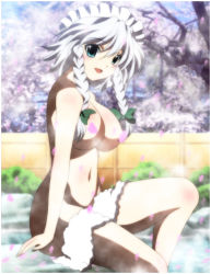 Rule 34 | 1girl, blue eyes, breasts, cherry blossoms, female focus, highres, izayoi sakuya, large breasts, nature, nude, onsen, outdoors, plant, smile, solo, steam, touhou, towel, water, yadokari genpachirou