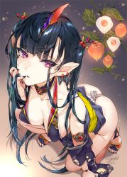Rule 34 | 1girl, ass, bare shoulders, black hair, breasts, character request, chinese lantern (plant), copyright request, gem, highres, kneeling, long hair, looking at viewer, medium breasts, nail polish, parted lips, plant, pointy ears, purple eyes, solo, toenail polish, toenails, toes, yanyo (ogino atsuki)