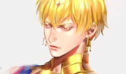 Rule 34 | 1boy, armor, blonde hair, closed mouth, earrings, eyelashes, fate/grand order, fate (series), gem, gilgamesh (fate), gilgamesh (caster) (fate), gold, grey background, jewelry, lips, looking afar, male focus, portrait, red eyes, simple background, solo, tenobe, upper body