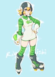 Rule 34 | 1girl, absurdres, artist name, blonde hair, blue background, breasts, commentary, dress, english commentary, frown, full body, gloves, green eyes, green shirt, gum (jsr), hair between eyes, hand on own hip, helmet, highres, inline skates, jet set radio, jet set radio future, long sleeves, looking at viewer, medium breasts, outline, pinafore dress, rob ishi, roller skates, shirt, short dress, short hair, simple background, skates, sleeveless, sleeveless dress, solo, striped clothes, striped shirt, striped thighhighs, thighhighs, v-shaped eyebrows, white dress, white gloves, white outline