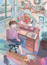 Rule 34 | 1girl, absurdres, animal, bird, blue eyes, blue shorts, blunt bangs, brown hair, bug, butterfly, cat, chair, commentary, computer, cup, curtains, cushion, day, desk, desk lamp, dove, drawing tablet, falling petals, flower, from above, highres, holding, holding stylus, hood, hood down, hoodie, indoors, insect, ivy, keyboard (computer), lamp, looking at viewer, mituhati, monitor, mouse (computer), mug, office chair, on chair, open mouth, original, petals, photo (object), pink footwear, pink hoodie, plant, ponytail, potted plant, red flower, red rose, rose, rug, scenery, shelf, short hair, shorts, sitting, slippers, smile, solo, speaker, stylus, swivel chair, through medium, through screen, trash can, window, wooden floor, wreath