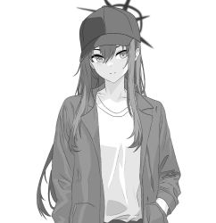 Rule 34 | 1girl, baseball cap, blue archive, greyscale, halo, hand in pocket, hat, highres, long hair, looking at viewer, monochrome, samess 333, saori (blue archive), shirt, simple background, white shirt
