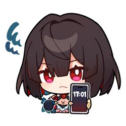 Rule 34 | 1girl, angry, bright pupils, brown hair, chibi, chinese clothes, closed mouth, colored inner hair, commentary, english commentary, gloves, holding, holding phone, honkai: star rail, honkai (series), looking at viewer, multicolored hair, official art, phone, pointing, red eyes, red hair, short hair, solo, transparent background, upper body, white pupils, xueyi (honkai: star rail)