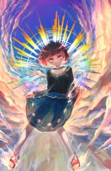 Rule 34 | 1girl, argyle, bad id, bad twitter id, black shirt, blue skirt, blue sky, brown hair, cloud, collarbone, commentary, detached collar, diffraction spikes, earrings, full body, halo, highres, jewelry, kashu (hizake), legs apart, long sleeves, looking at viewer, original, pantyhose, parted lips, pink eyes, red footwear, red hair, shirt, short hair, signature, skirt, skirt hold, sky, smile, solo, white pantyhose