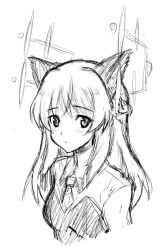 Rule 34 | 1girl, animal ears, bad id, bad pixiv id, blush, cat ears, greyscale, hirschgeweih antennas, kyogoku shin, long hair, looking at viewer, military, military uniform, monochrome, sanya v. litvyak, simple background, sketch, solo, strike witches, uniform, world witches series