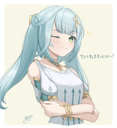 Rule 34 | 1girl, aqua hair, bare shoulders, bracelet, breasts, commentary request, crossed arms, dress, faruzan (genshin impact), genshin impact, green eyes, hair ornament, highres, jewelry, long hair, looking at viewer, puffy short sleeves, puffy sleeves, short sleeves, small breasts, smile, sola num 5130, solo, translation request, twintails, upper body, white dress, x hair ornament