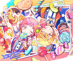 Rule 34 | 1boy, 1girl, ;), blonde hair, buttons, candy, colorful, cupcake, doughnut, food, gradient hair, highres, holding, holding candy, holding food, jelly bean, lollipop, momomo (m0 3), multicolored hair, one eye closed, ootori emu, open mouth, orange eyes, orange hair, pink eyes, pink hair, pop in my heart!! (project sekai), project sekai, short hair, sleeveless, smile, taiyaki, tenma tsukasa, wagashi, wonderlands x showtime (project sekai), wrapped candy