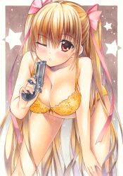 Rule 34 | 1girl, bent over, blonde hair, blush, bow, bra, breasts, cleavage, collarbone, floral print, gun, hair bow, hand on own knee, hidan no aria, highres, holding, holding gun, holding weapon, long hair, looking at viewer, marker (medium), medium breasts, mine riko, one eye closed, panties, parted lips, pink bow, print bra, red eyes, ribbon, solo, standing, star (symbol), traditional media, twintails, underwear, underwear only, very long hair, weapon, yellow bra, yellow panties, yellow ribbon, yuto takumi