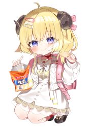 Rule 34 | 1girl, aged down, ahoge, animal ears, backpack, bag, bag of chips, blonde hair, blush, bow, cardigan, chips (food), closed mouth, dress, eyes visible through hair, food, footwear bow, hair ornament, hairclip, highres, holding, holding food, hololive, horns, kneeling, long sleeves, looking at viewer, noi mine, open cardigan, open clothes, photoshop (medium), potato chips, randoseru, sheep ears, sheep horns, shoes, simple background, skirt, smile, solo, striped clothes, striped dress, tsunomaki watame, tsunomaki watame (street casual), vertical-striped clothes, vertical-striped dress, virtual youtuber, white background, white cardigan, white skirt