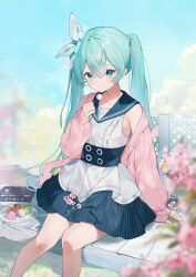 Rule 34 | 1girl, blue archive, blush, bow, closed mouth, commentary, dango, dress, eru daydream, feet out of frame, flower, food, green eyes, green hair, hair between eyes, hair bow, hatsune miku, hatsune miku (blue archive), highres, jacket, long hair, long sleeves, sailor collar, sitting, sleeves past wrists, smile, symbol-only commentary, twintails, vocaloid, wagashi