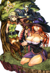 Rule 34 | 1boy, 3girls, bare shoulders, belt, boots, breasts, brown footwear, cleavage, detached sleeves, dragon&#039;s crown, dress, elf (dragon&#039;s crown), fighter (dragon&#039;s crown), gloves, hat, large breasts, long hair, multiple girls, pointy ears, sash, smile, sorceress (dragon&#039;s crown), strapless, strapless dress, sword, thigh boots, thighhighs, thighs, tiki (dragon&#039;s crown), tree, weapon, witch hat, zettai ryouiki, zunta