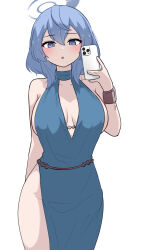 Rule 34 | 1girl, :o, absurdres, ako (blue archive), ako (dress) (blue archive), bare shoulders, blue archive, blue choker, blue dress, blue eyes, blue hair, blue halo, blush, breasts, cellphone, center opening, choker, cowboy shot, cuffs, dress, hair between eyes, halo, halter dress, halterneck, highres, holding, holding phone, large breasts, long hair, looking at viewer, no panties, official alternate costume, phone, plunging neckline, ringda, sash, selfie, shackles, side slit, sideboob, sideless dress, simple background, sleeveless, sleeveless dress, smartphone, solo, taking picture, white background