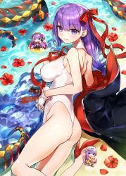 Rule 34 | 3girls, ass, bb (fate), bb (fate) (all), bb (swimsuit mooncancer) (fate), bb (swimsuit mooncancer) (first ascension) (fate), bb (swimsuit mooncancer) (second ascension) (fate), bb (swimsuit mooncancer) (third ascension) (fate), black coat, coat, commentary request, fate/grand order, fate (series), feet out of frame, flower, gloves, hair ribbon, hibiscus, high heels, highleg, highleg leotard, highres, leotard, long hair, looking at viewer, lying, mini person, minigirl, multiple girls, multiple persona, nekoyashiki pushio, on side, partially submerged, popped collar, purple hair, red footwear, red ribbon, ribbon, tentacles, thong leotard, water, white gloves, white leotard