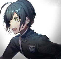 Rule 34 | 1boy, ahoge, artist name, black hair, black jacket, buttons, commentary request, crying, crying with eyes open, danganronpa (series), danganronpa v3: killing harmony, double-breasted, from side, gradient background, grey background, highres, huyuharu0214, jacket, long sleeves, male focus, open mouth, saihara shuichi, school uniform, shirt, short hair, signature, solo, striped clothes, striped jacket, tears, teeth, upper body, upper teeth only, white shirt