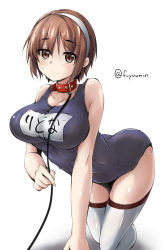 Rule 34 | 10s, 1girl, all fours, arched back, bare shoulders, breasts, brown eyes, brown hair, collar, commentary request, fuyu mi, hairband, kantai collection, large breasts, leash, looking at viewer, name tag, natori (kancolle), one-piece swimsuit, red collar, short hair, simple background, solo, swimsuit, thighhighs, twitter username, white background, white hairband, white thighhighs