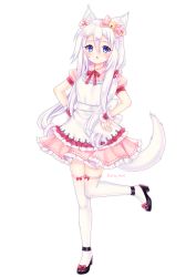 Rule 34 | 1girl, animal ear fluff, animal ears, apron, bad id, bad pixiv id, bell, black footwear, blush, bow, cat ears, cat girl, cat tail, chestnut mouth, collared dress, dress, flower, frilled dress, frills, hair bell, hair between eyes, hair bow, hair flower, hair ornament, hairclip, hands on own hips, high heels, highres, jingle bell, long hair, looking at viewer, nami (nyaa), original, parted lips, pink bow, pink dress, pink flower, pleated dress, puffy short sleeves, puffy sleeves, ribbon-trimmed dress, shoes, short sleeves, simple background, solo, standing, standing on one leg, tail, thighhighs, very long hair, white apron, white background, white hair, white thighhighs, wrist cuffs, x hair ornament