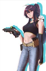 Rule 34 | 1girl, absurdres, aged up, ammunition belt, asymmetrical gloves, belt, black gloves, black shirt, blouse, breasts, brown belt, closed mouth, collarbone, commentary, denim, english commentary, feet out of frame, girls&#039; frontline, gloves, gun, hair ornament, hairclip, handgun, hassan (diaoyagld), highres, holding, holding gun, holding weapon, jeans, lips, long hair, looking at viewer, magazine (weapon), medium breasts, navel, p226 (girls&#039; frontline), panda, pants, pistol, ponytail, purple hair, red eyes, shadow, shirt, sig p220/p226, solo, standing, weapon, white background