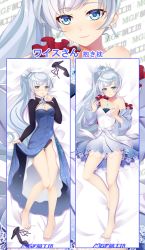 Rule 34 | 1girl, bad id, bad pixiv id, barefoot, billie (meng gong fang), black footwear, black panties, blue dress, blue eyes, blush, breasts, cleavage, collarbone, dakimakura (medium), dress, earrings, feet, finger to mouth, from above, full body, gluteal fold, hair ornament, high heels, high ponytail, highres, index finger raised, jewelry, long dress, long hair, looking at viewer, lying, medium breasts, multiple views, necklace, on back, panties, rwby, shoes, unworn shoes, short dress, silver hair, skirt hold, sleeveless, sleeveless dress, smile, strapless, strapless dress, underwear, very long hair, weiss schnee, white dress