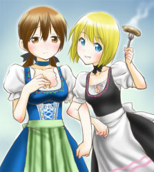 Rule 34 | 2girls, apron, bavarian, blonde hair, blue eyes, blush, breasts, brown eyes, brown hair, chaborin, cleavage, dirndl, erica hartmann, food, fork, german clothes, gertrud barkhorn, hair ribbon, hand on own chest, long hair, looking at viewer, medium breasts, multiple girls, neck ribbon, oktoberfest, ribbon, sausage, short hair, simple background, smile, steam, strike witches, traditional clothes, twintails, world witches series